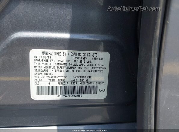 JN1EV7AP9LM202850 2020 INFINITI Q50 Gray 