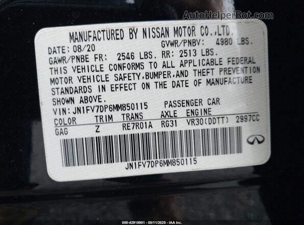 JN1FV7DP6MM850115 2021 INFINITI Q50 Black Vista del compartimento del motor