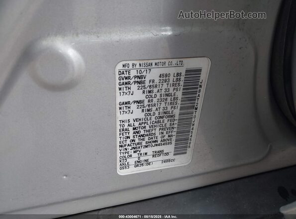 JN8AT2MT0JW454585 2018 NISSAN ROGUE Silver 