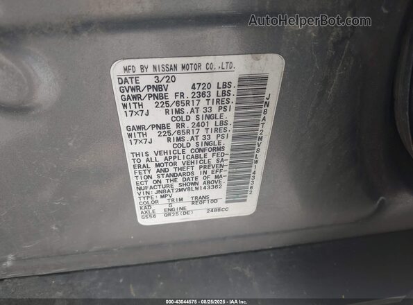 JN8AT2MV8LW143362 2020 NISSAN ROGUE Серый Вид подкапотного пространства