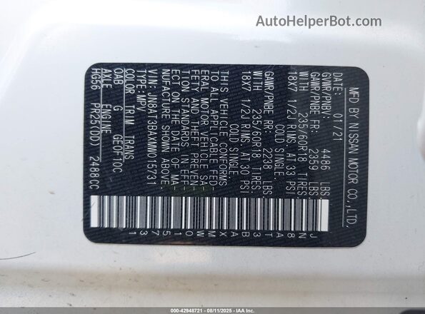 JN8AT3BAXMW015731 2021 NISSAN ROGUE White Vista del compartimento del motor