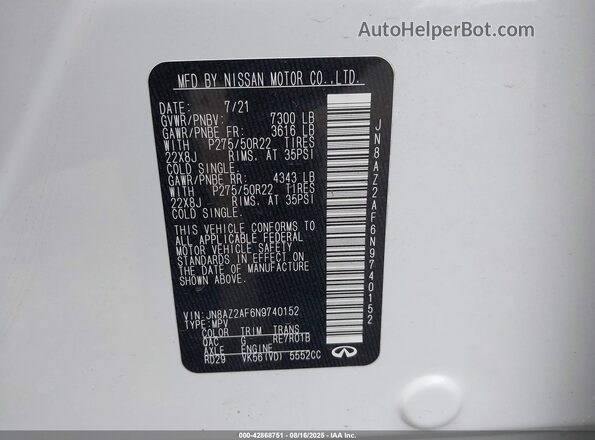 JN8AZ2AF6N9740152 2022 INFINITI QX80 White Вид підкапотного простору