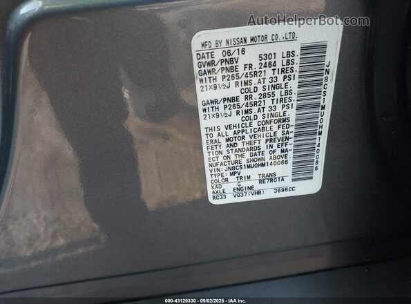 JN8CS1MU0HM140066 2017 INFINITI QX70 Серый Вид подкапотного пространства
