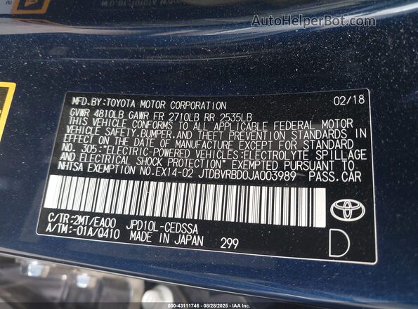 JTDBVRBD0JA003989 2018 TOYOTA MIRAI Dark Blue Widok komory silnika