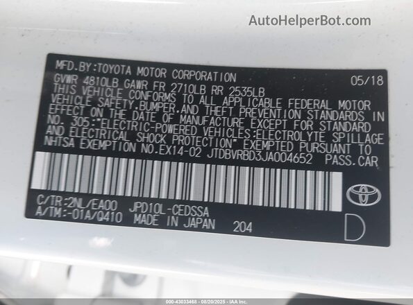 JTDBVRBD3JA004652 2018 TOYOTA MIRAI White Widok komory silnika