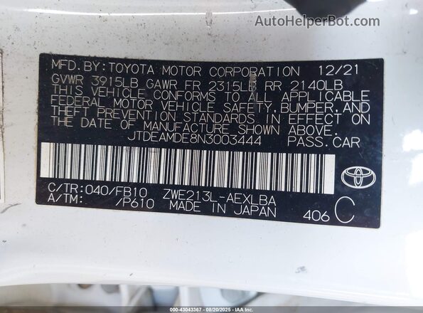 JTDEAMDE8N3003444 2022 TOYOTA LL White 