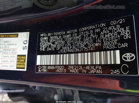 JTDEPMAE0MJ175741 2021 TOYOTA LL Navy Widok komory silnika