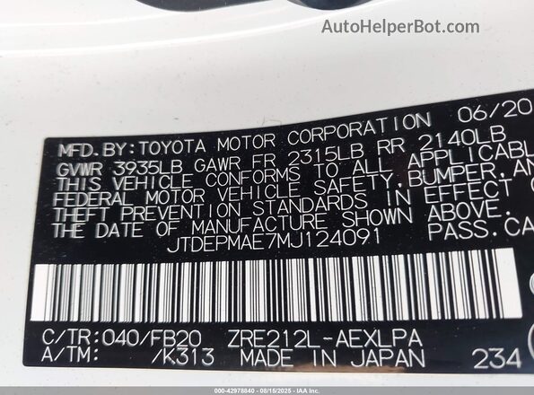 JTDEPMAE7MJ124091 2021 TOYOTA LL White Вид наклейки з VIN-кодом