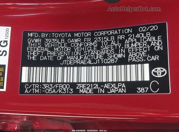 JTDEPRAE4LJ110287 2020 TOYOTA LL Red Vista del compartimento del motor