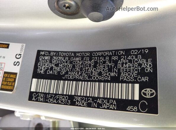 JTDEPRAE5LJ009694 2020 TOYOTA LL Серебряный Вид подкапотного пространства