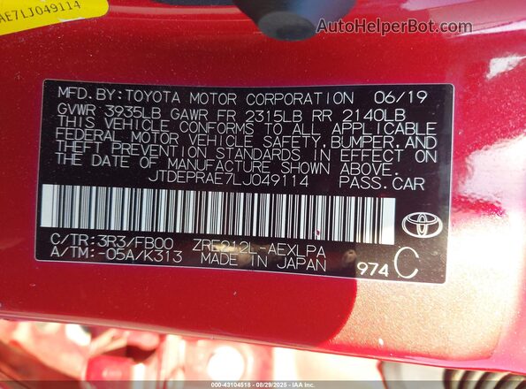 JTDEPRAE7LJ049114 2020 TOYOTA LL Red Շարժիչի բաժամունքի տեսք