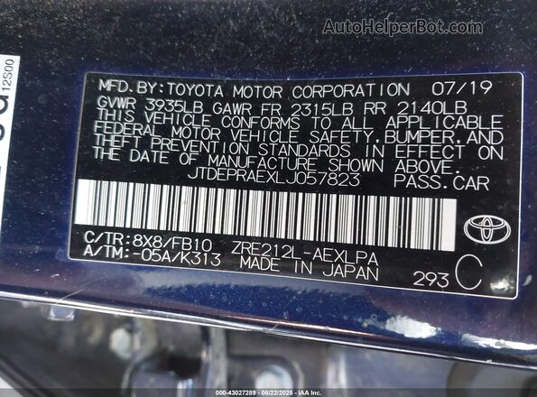 JTDEPRAEXLJ057823 2020 TOYOTA LL Blue Engine compartment view