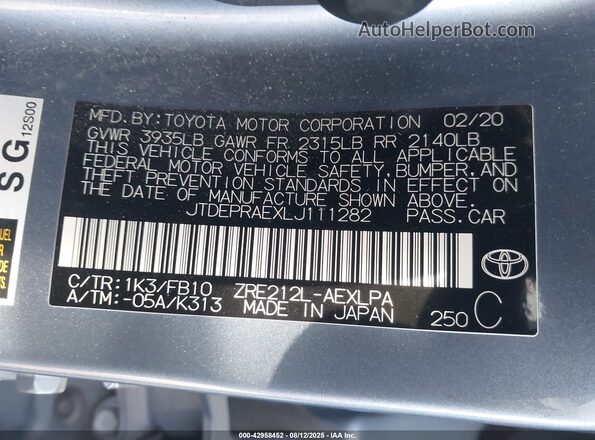 JTDEPRAEXLJ111282 2020 TOYOTA LL Blue ძრავის განყოფილების ხედი