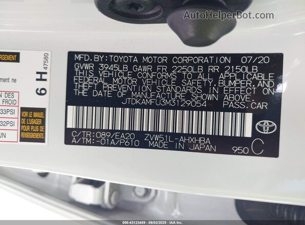 JTDKAMFU3M3129054 2021 TOYOTA PRIUS White 