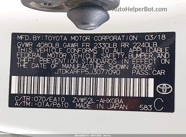 JTDKARFP5J3077090 2018 TOYOTA PRIUS PRIME White 