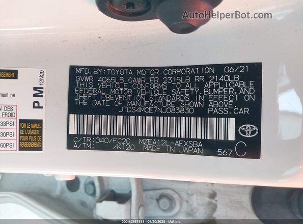 JTDS4MCE7NJ083830 2022 TOYOTA LL Белый Вид подкапотного пространства