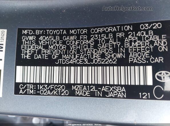 JTDS4RCE3LJ052262 2020 TOYOTA LL Light Blue Engine compartment view
