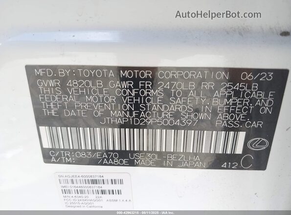 JTHAP1D29P5004397 2023 LEXUS IS 500 White 