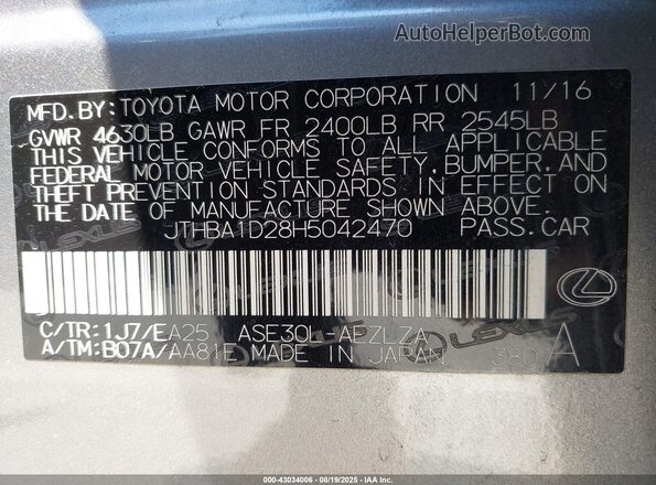JTHBA1D28H5042470 2017 LEXUS IS 200T Silver 