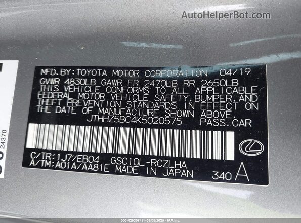 JTHHZ5BC4K5020575 2019 LEXUS RC 350 Silver Շարժիչի բաժամունքի տեսք