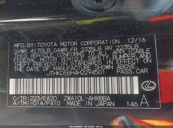 JTHKD5BH4H2294501 2017 LEXUS CT 200H Black 