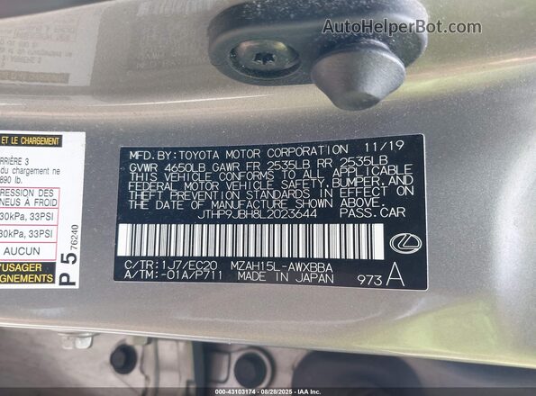 JTHP9JBH8L2023644 2020 LEXUS UX 250H Silver Vista del compartimento del motor