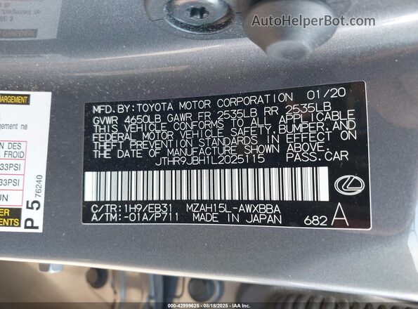 JTHR9JBH1L2025115 2020 LEXUS UX 250H Gray Vista del compartimento del motor