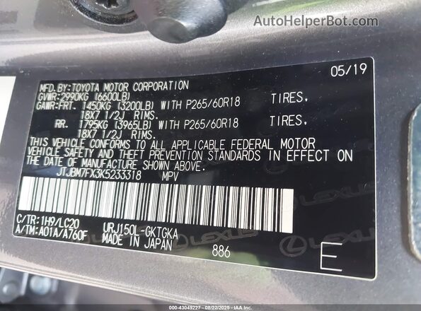 JTJBM7FX3K5233318 2019 LEXUS GX 460 Gray 