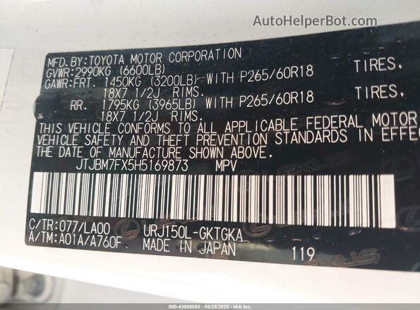JTJBM7FX5H5169873 2017 LEXUS GX White Widok komory silnika
