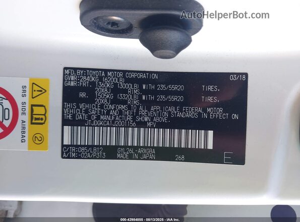 JTJDGKCA1J2001156 2018 LEXUS RX 450HL White 