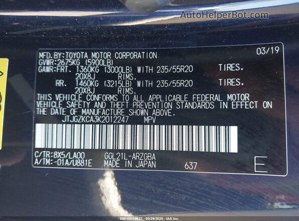 JTJGZKCA3K2012247 2019 LEXUS RX 350L Dark Blue 