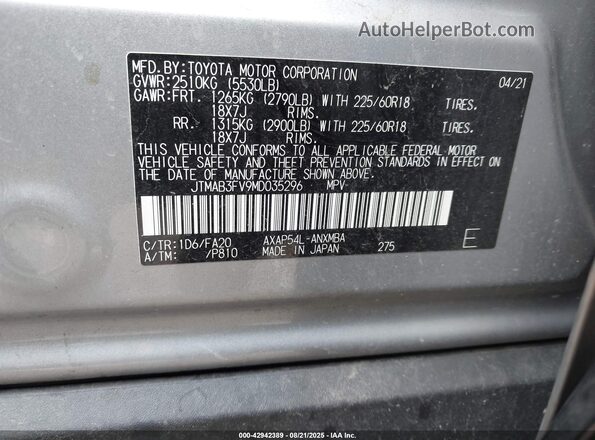 JTMAB3FV9MD035296 2021 TOYOTA RAV4 PRIME Silver ძრავის განყოფილების ხედი