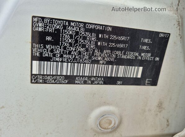 JTMBFREV2JJ183462 2018 TOYOTA LE  