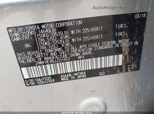 JTMBFREV8JJ221857 2018 TOYOTA LE Silver Շարժիչի բաժամունքի տեսք