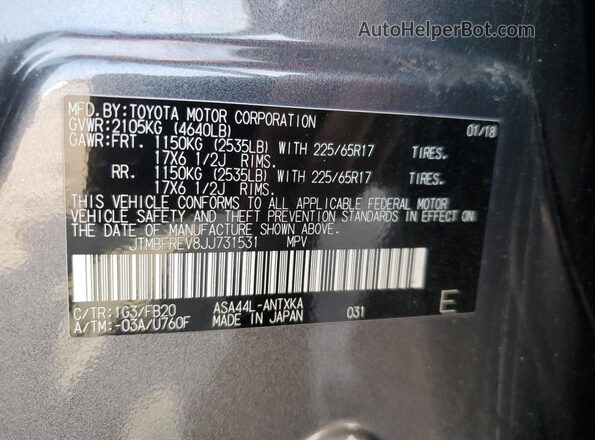JTMBFREV8JJ731531 2018 TOYOTA LE Gray 