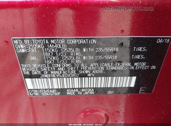 JTMDFREV5JD242852 2018 TOYOTA LIMITED Red 