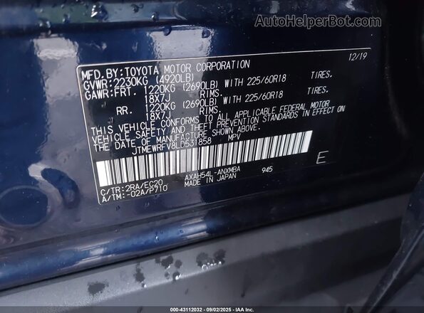JTMEWRFV8LD531858 2020 TOYOTA RAV4 Blue Շարժիչի բաժամունքի տեսք