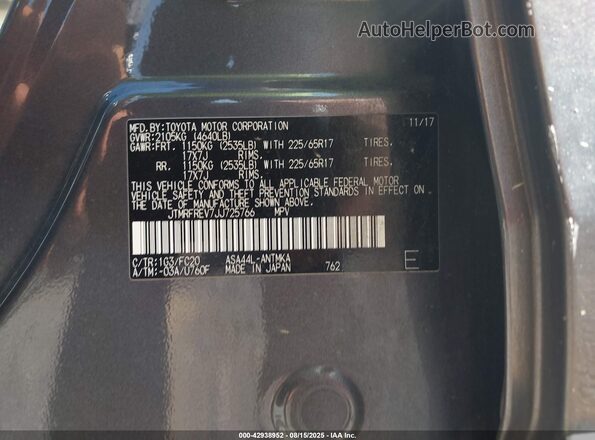 JTMRFREV7JJ725766 2018 TOYOTA LE Gray 