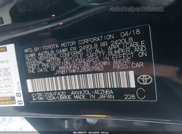 JTNB11HK7J3067983 2018 TOYOTA LE Black 