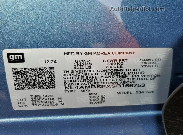 KL4AMBSPXSB166753 2025 BUICK ENCORE Blue Vista de la etiqueta del VIN