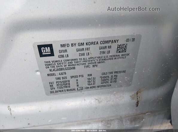 KL4CJASBXLB333498 2020 BUICK ENCORE Silver Շարժիչի բաժամունքի տեսք