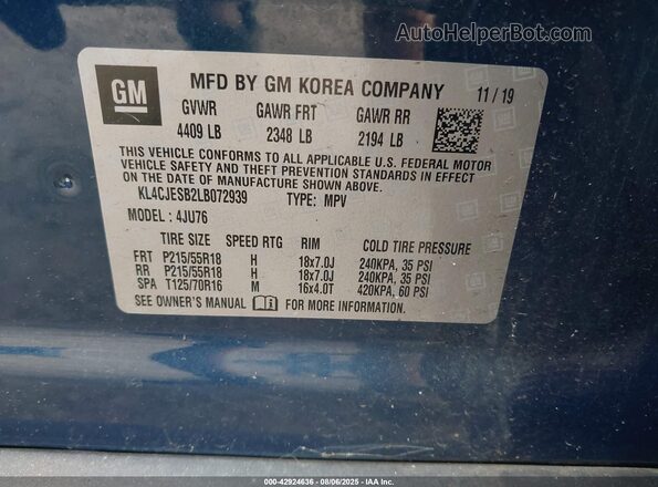 KL4CJESB2LB072939 2020 BUICK ENCORE Dark Blue ძრავის განყოფილების ხედი