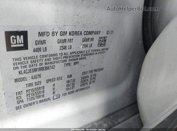 KL4CJESM1MB366142 2021 BUICK ENCORE Silver Widok komory silnika