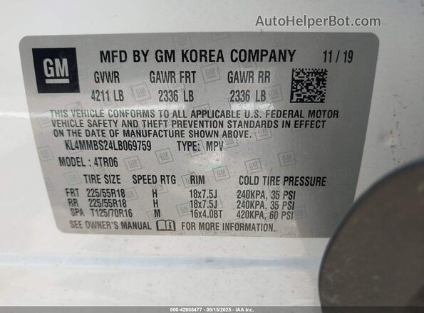 KL4MMBS24LB069759 2020 BUICK ENCORE White Вид підкапотного простору
