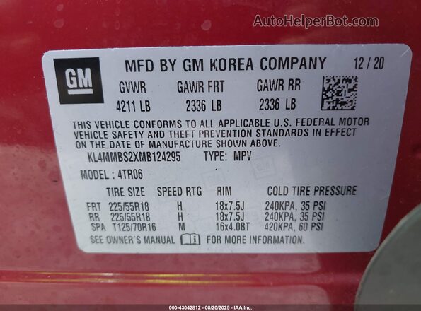 KL4MMBS2XMB124295 2021 BUICK ENCORE Red ძრავის განყოფილების ხედი