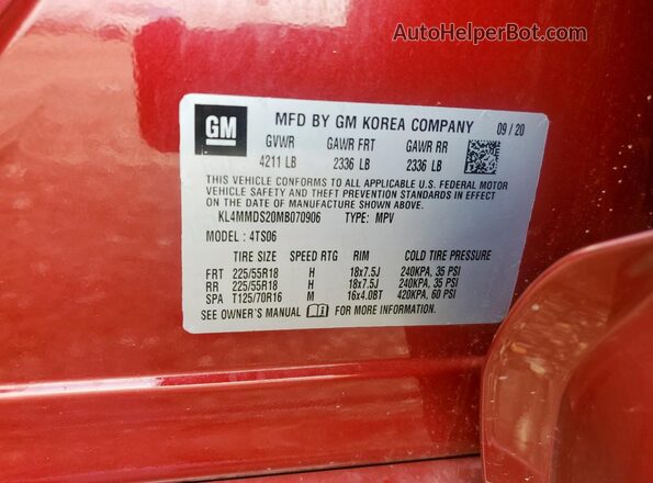 KL4MMDS20MB070906 2021 BUICK ENCORE Red Widok naklejki z numerem VIN