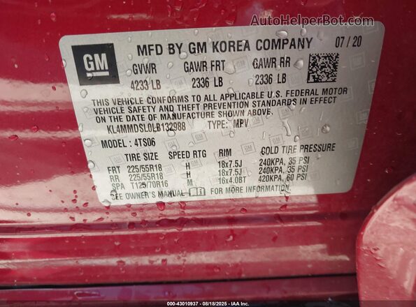 KL4MMDSL0LB132988 2020 BUICK ENCORE Бордовый Вид подкапотного пространства
