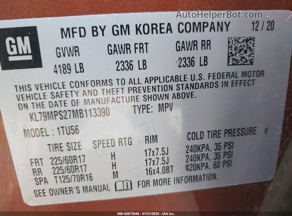 KL79MPS27MB113390 2021 CHEVROLET TRAILBLAZER Orange Vista del compartimento del motor