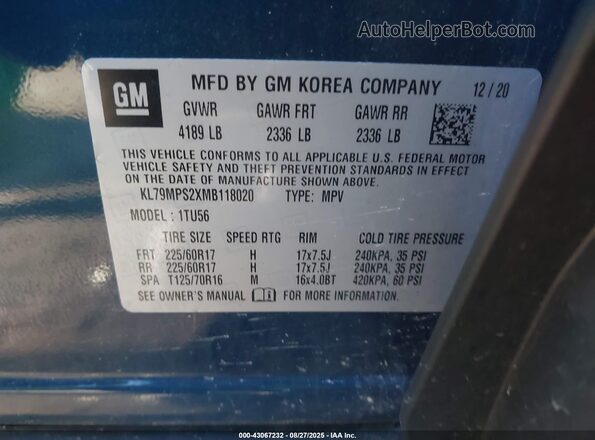 KL79MPS2XMB118020 2021 CHEVROLET TRAILBLAZER Blue ძრავის განყოფილების ხედი