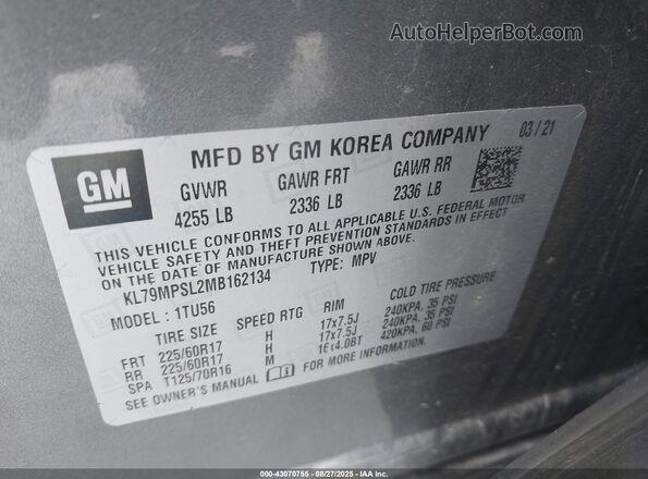 KL79MPSL2MB162134 2021 CHEVROLET TRAILBLAZER Gray Շարժիչի բաժամունքի տեսք